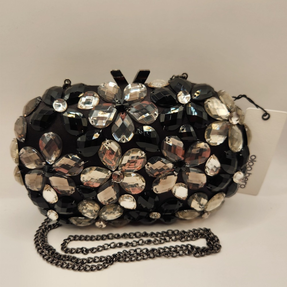 New Olga Berg Victoria Black Embellished Floral Crystal Hard Shell Clutch Bag A‎